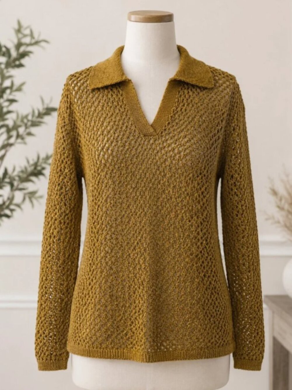 Mustard Yellow Open Knit Mesh Polo Sweater Long Sleeve Crochet Top M